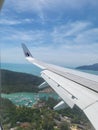 Kedah, Malaysia - 11 OCTOBER 2021 : View from window over Rebak Marina island in Malaysia Airlines flight to Langkawi island. Royalty Free Stock Photo