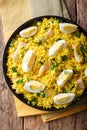 Kedgeree curry rice with smoked fish, eggs, cilantro close-up on Royalty Free Stock Photo