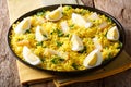 Kedgeree tasty food with rice, fish, boiled eggs, cilantro close