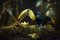 Colorful Keel-billed Toucan Full Body In Forest. Colorful and Vibrant Animal.