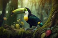 Colorful Keel-billed Toucan Full Body In Forest. Colorful and Vibrant Animal.