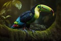 Colorful Keel-billed Toucan Full Body In Forest. Colorful and Vibrant Animal.