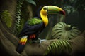 Colorful Keel-billed Toucan Full Body In Forest. Colorful and Vibrant Animal.