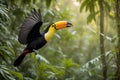 Keel Billed Toucan flying to tree next