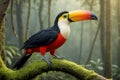 Keel-billed toucan perched on a mossy branch in Costa Rica