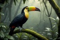 A Keel-billed toucan perched on a mossy branch.generative ai