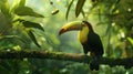 Keel billed Toucan, Ramphastos sulfuratus, bird with big bill sitting on branch in the.Generative Ai Royalty Free Stock Photo