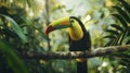 Keel billed Toucan, Ramphastos sulfuratus, bird with big bill sitting on branch in the.Generative Ai Royalty Free Stock Photo