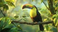 Keel billed Toucan, Ramphastos sulfuratus, bird with big bill sitting on branch in the.Generative Ai Royalty Free Stock Photo