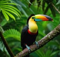 Keel-billed Toucan, Ramphastos sulfuratus, bird with big bill. Toucan sitting on the branch in the forest, Panama Royalty Free Stock Photo