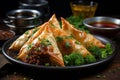 Keema Samosa - Crispy pastry pockets filled with a spiced minced meat mixture. AI Generated