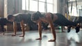 Keep balance. Athletic young woman stretching her body while doing fitness training exercises at industrial gym. Straps Royalty Free Stock Photo