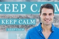 Keep calm against room with large window looking on city Royalty Free Stock Photo