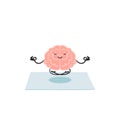 Keep calm concept.Meditating cartoon brain in lotus position. Clip art illustration isolated on white background.Flat
