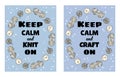 Keep calm and craft on set of postcards. Cotton yarn and candles handicraft comic style doodle banners. Handmade vector