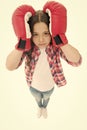 Keep calm and get rid of headache. Beat headache. Girl boxing gloves ready fight. Kid strong girl suffer pain. Child Royalty Free Stock Photo