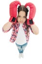 Keep calm and get rid of headache. Beat headache. Girl boxing gloves ready fight. Kid strong girl suffer pain. Child