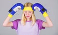 Keep calm and get rid of headache. Beat headache. Girl boxing gloves tired to fight. Strong woman suffer pain. Girl Royalty Free Stock Photo