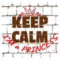 Keep Calm I`m Princess printed on stylized brick wall. Textured humorous inscription for your design. Vector Royalty Free Stock Photo