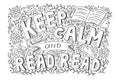 Keep calm and read a book inspirational motivational quote with pattern, hand drawn coloring page in doodle sketch style