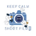 Keep calm and shoot film. Vintage photocamera, film cassette and magnolia flowers with quote. Vector illustration for print,poster