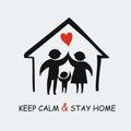 Keep calm & stay home concept vector illustration. Quarantined planet. Family of adults and child stay at home to reduce risk of i