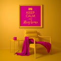 Keep calm and stay home poster concept. 3d illustration of an abstract interior. Armchair on a yellow background with purple eleme Royalty Free Stock Photo
