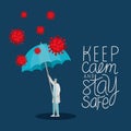 keep calm and stay safed lettering and male doctor with one safety mask, red particles and one umbrella