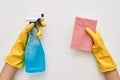 Keep cleaning. Glass cleaner and cloth in human hands Royalty Free Stock Photo