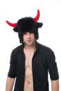 Keep cool and maintain composure. Man horns as devil or bull. Ignore provocation. Aggressive intimidating and Royalty Free Stock Photo