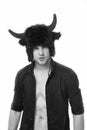 Keep cool and maintain composure. Man horns as devil or bull. Ignore provocation. Aggressive intimidating and Royalty Free Stock Photo