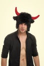 Keep cool and maintain composure. Man horns as devil or bull. Ignore provocation. Aggressive intimidating and Royalty Free Stock Photo