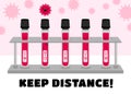 Keep distance banner. Coronavirus, covid-19. Positive and negative tests. Blood samples in glass tubes.