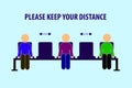 Keep distance,cashier, queued up, cartoons  sosial distancing on chair Royalty Free Stock Photo