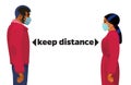 Keep distance concept. Young man and woman in medical masks stand at safe distance to avoid spreading corona virus