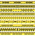 Keep distance on floor stripes set vector. Restrictive tape stickers in yellow with stripes to separate people at a safe