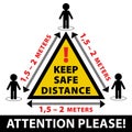 Keep Distance sign. Yellow danger triangle sign. Keep distance at least 1 -2 meters between people. Stopping spread of virus.