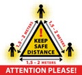 Keep Distance sign. Yellow danger triangle sign. Keep distance at least 1 -2 meters between people. Stopping spread of virus.