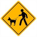 A `Keep Dogs on Leads` sign featuring a man walking a dog with a lead. The sign on yellow background. vector Royalty Free Stock Photo