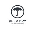Keep dry packaging symbol logo design. Package parcel logistics and delivery shipping, umbrella and rain drops. Royalty Free Stock Photo