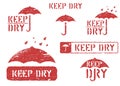 Keep dry umbrella grungy isolated box signs. Set of rubber cargo stamps cargo. Vector illustration. Royalty Free Stock Photo