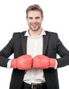 Keep fighting the good fight. Happy businessman hold boxing gloves together. Man boxer in suit Royalty Free Stock Photo