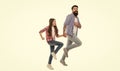 Keep on moving. Small child and bearded man in casual style. Casual look of father and little daughter. Happy family Royalty Free Stock Photo