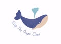 Keep the ocean clean concept. Cute wild mammal character of great whale in ocean