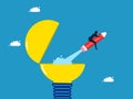 Keep pace with new innovations and learning new things. man flies with a pencil on a stack of books in a light bulb