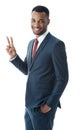 Keep the peace in business. Cropped view of an african american businessman giving the peace sign while isolated on