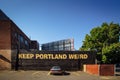 Downtown Portland, Oregon, USA - August 3, 2018: Keep Portland Weird Street Lettering Sign to promote local business Royalty Free Stock Photo