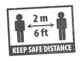 Keep Safe Distance rule gray rubber seal stamp on white background. Stamp Keep Safe Distance rubber text inside. Seal of silhoue