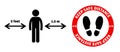 Keep Safe Distance sticker with feet sign inside red circle for supermarkets, shopping malls, stores and public places. Social