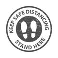 Keep Safe Distancing rule gray rubber seal stamp on white background. Vector of footprint sign with text keep safe distancing.